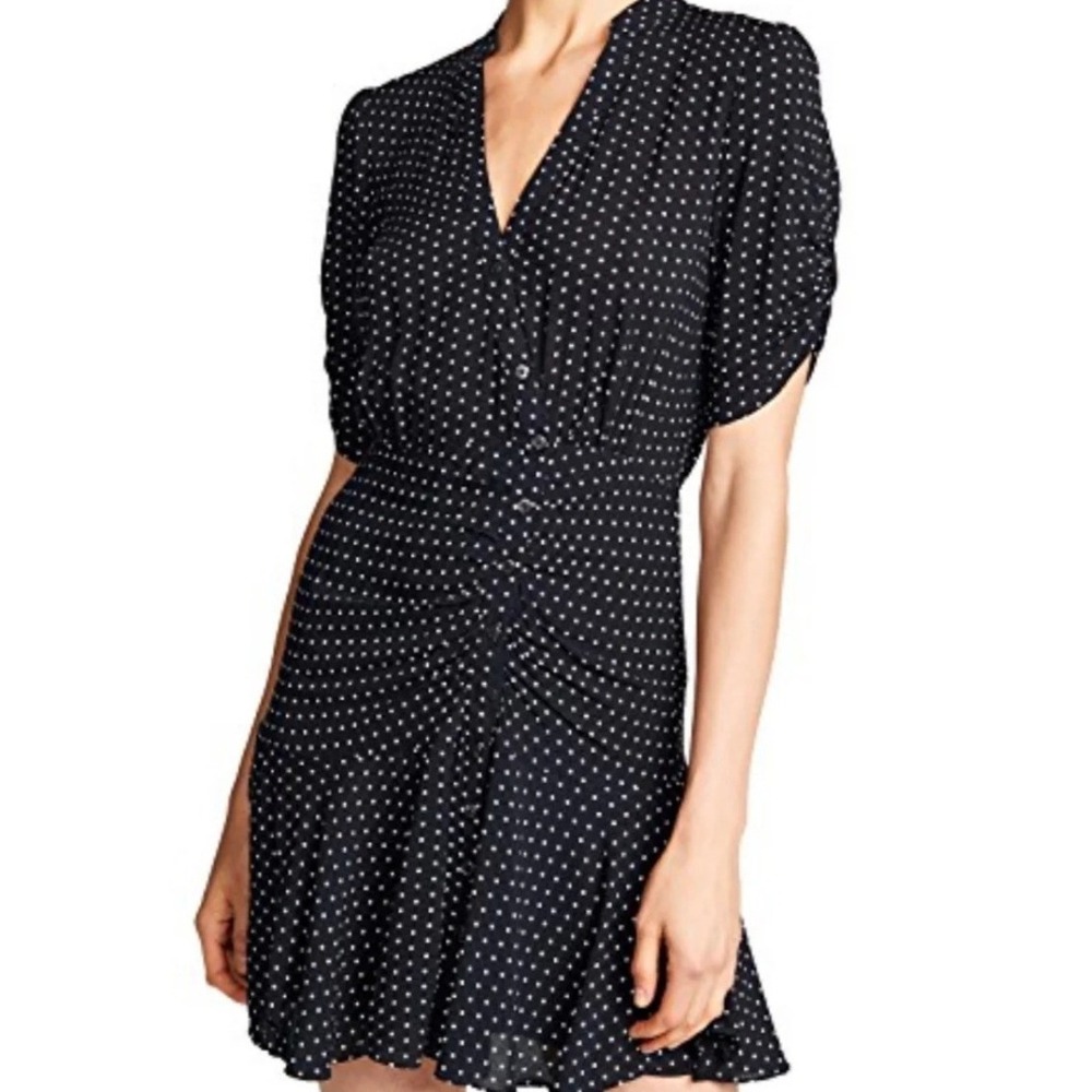 Free People Polka Dot Ruffle Mini Dress‎ Black White Button Front Small